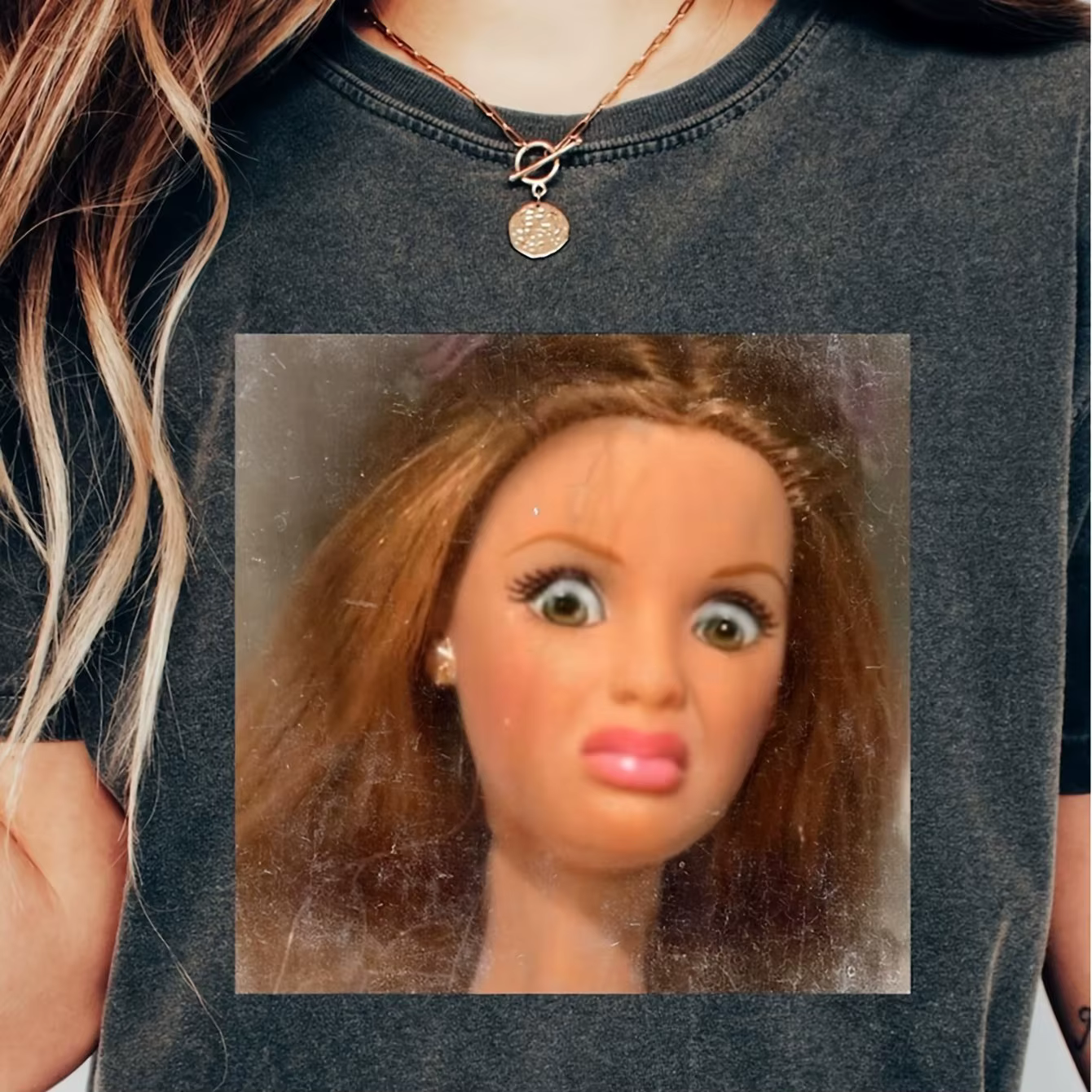 T-shirt Emoji visage de poupée, tendance, manches courtes, amusant, Unique, décontracté, col rond, m