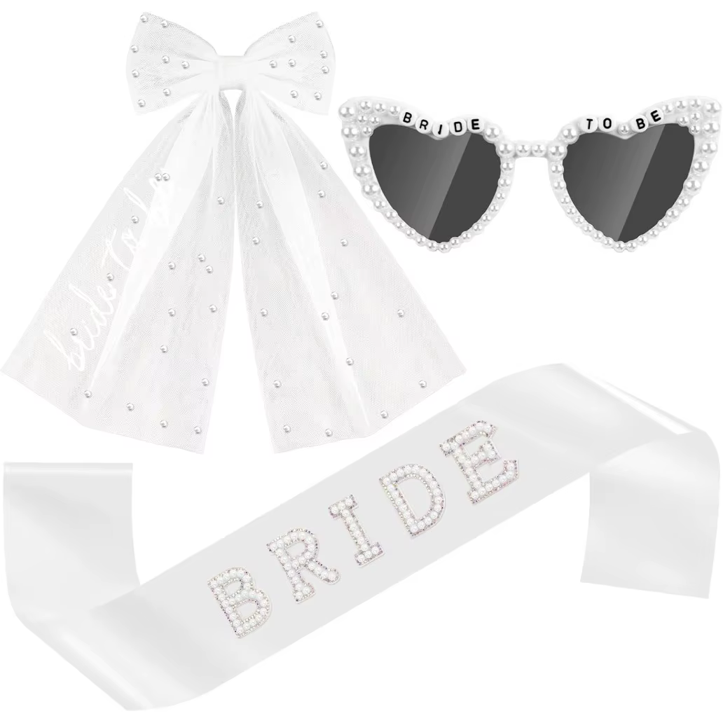 Ensemble d'accessoires pour future mariée comprenant un voile, une ceinture et des lunettes de solei
