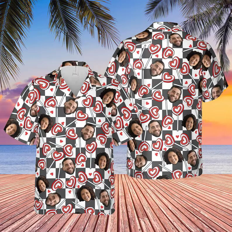 Chemise hawaïenne personnalisée « I Love My BF GF » pour hommes et femmes, motif cœur photo personna