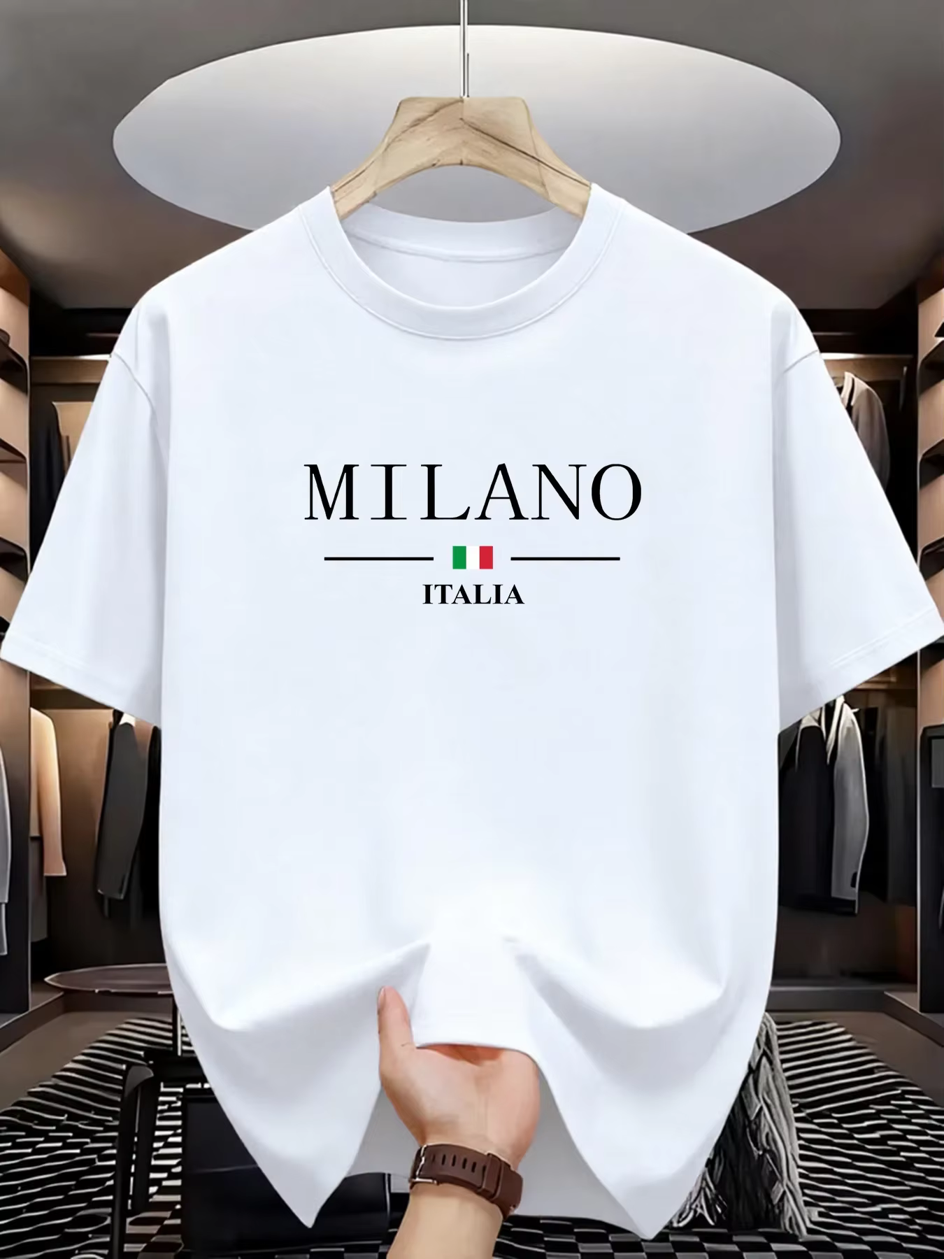 T-shirts pour hommes en polyester respirant à col rond, imprimé italien Milan, légers, à manches cou