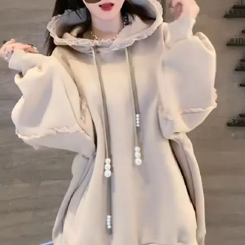 Sweats à capuche pour femmes, coupe ample décontractée, automne-hiver, avec décoration en dentelle, 