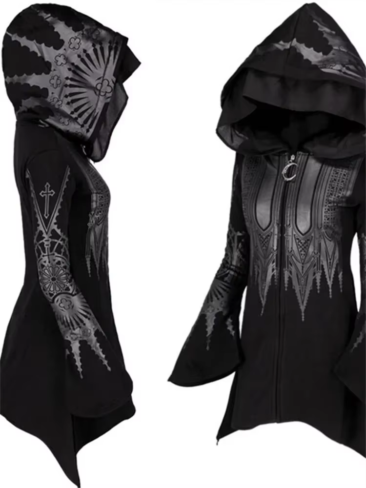 Street Goth Style Punk noir Long haut à capuche Harajuku rétro foncé Grunge Y2K imprimer sweats 2022