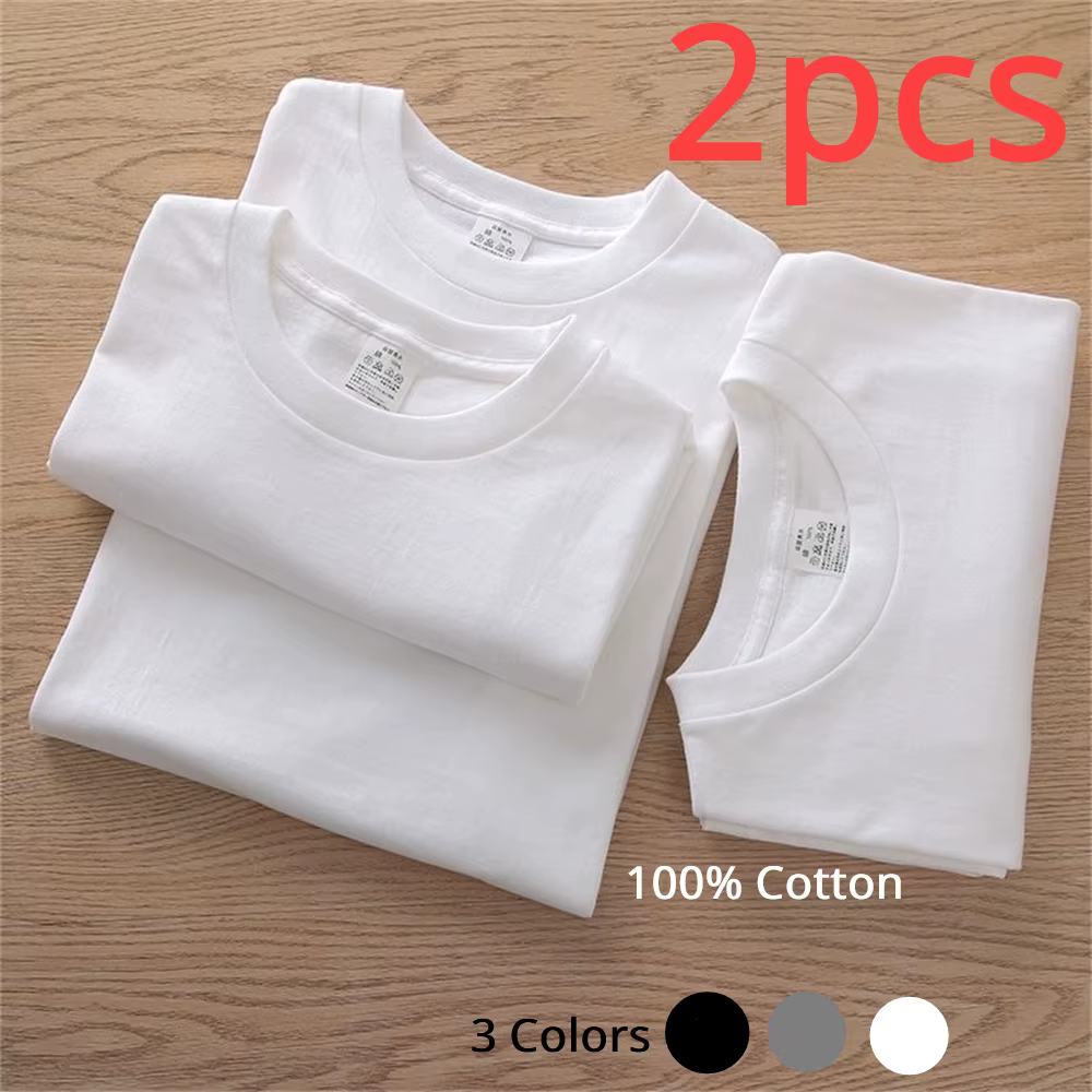 2 pièces 100% coton solide t-shirts hommes et femmes à manches courtes blanc t-shirts décontracté re