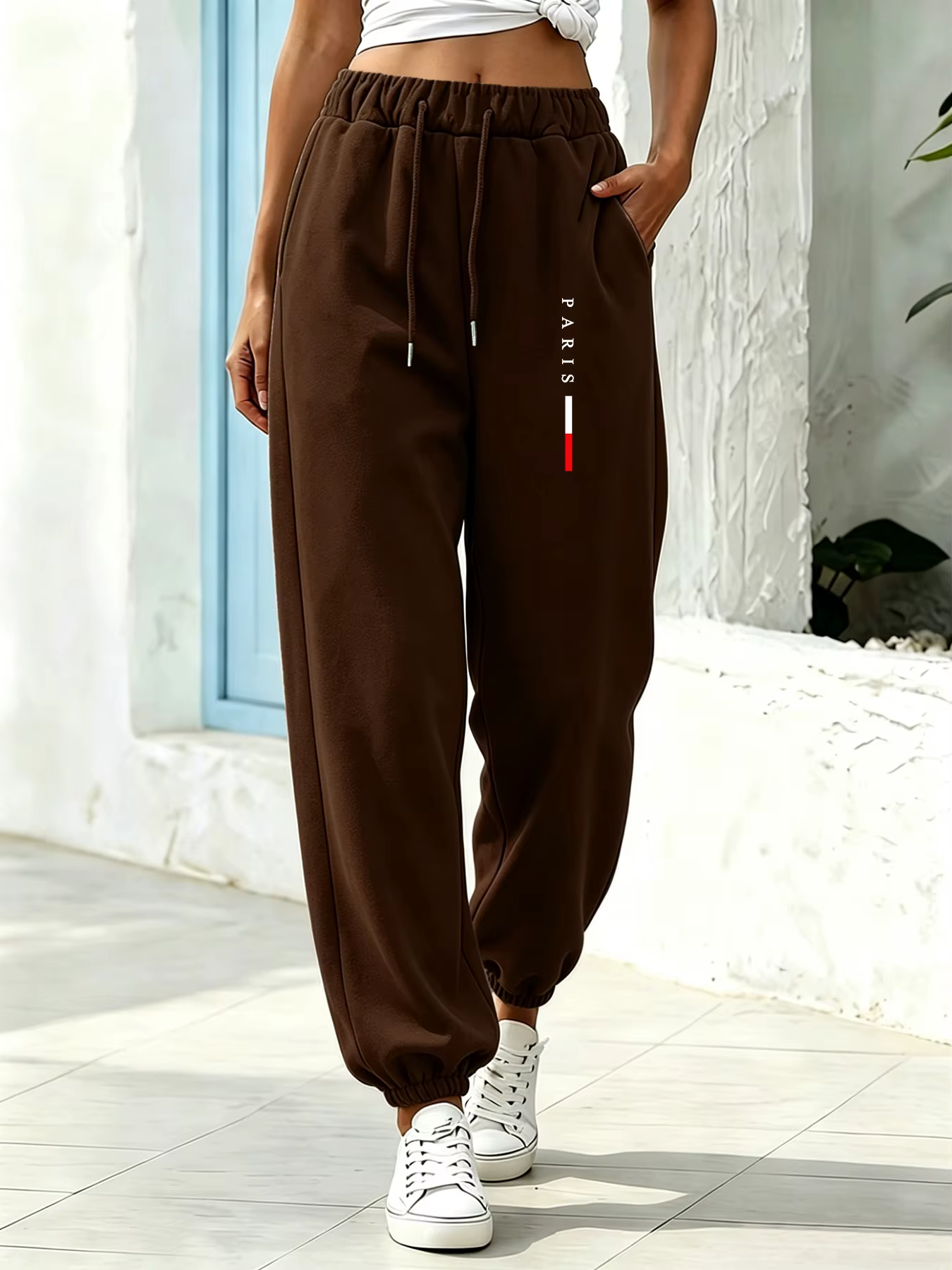 Pantalon décontracté pour femme style vintage, imprimé lettres, taille haute avec cordon de serrage,