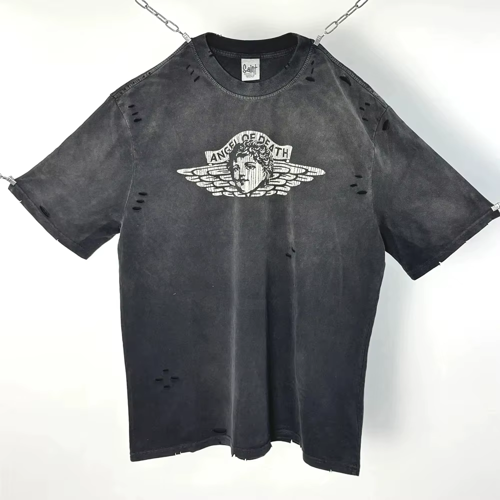 Vintage petit ange trou Saint manches longues lavé t-shirt hommes femmes haute qualité t-shirt hauts