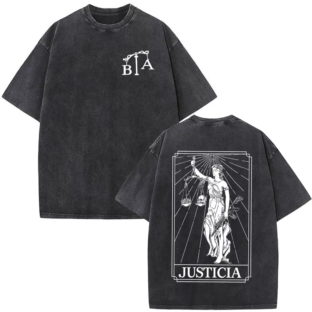 T-shirt vintage délavé Justicia Brothers in Arms à impression double face, vêtements pour hommes, t-