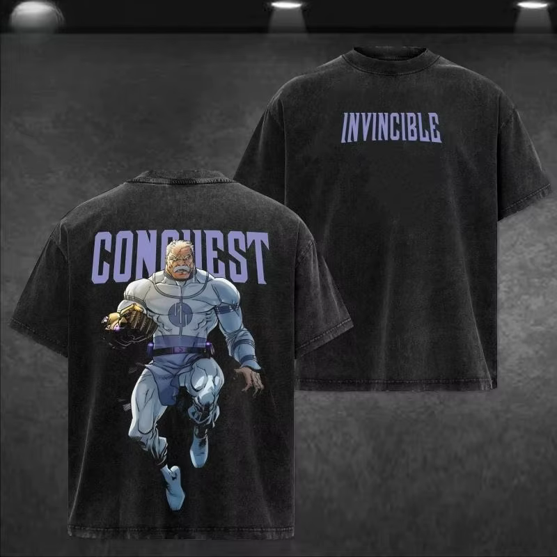 Conquête Invincible ‌   T-shirt imprimé pour hommes et femmes, style rétro, délavé, en coton, surdim