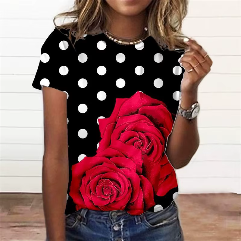T-shirt manches courtes femme, streetwear, décontracté, surdimensionné, imprimé fleur 3D