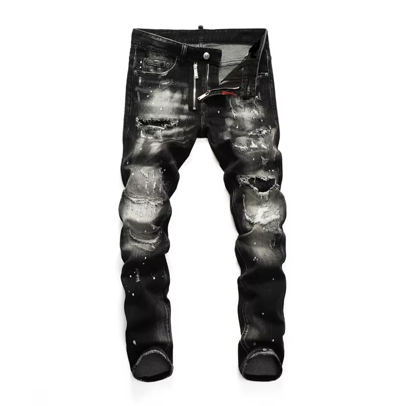Haute qualité rue mode hommes jean rétro bleu élastique coupe ajustée déchiré jean hommes broderie c