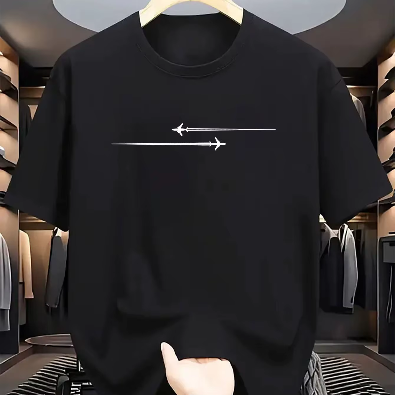 T-shirt à manches courtes et col pour hommes, 100_ coton, décontracté, ample, grand motif d'avion cr