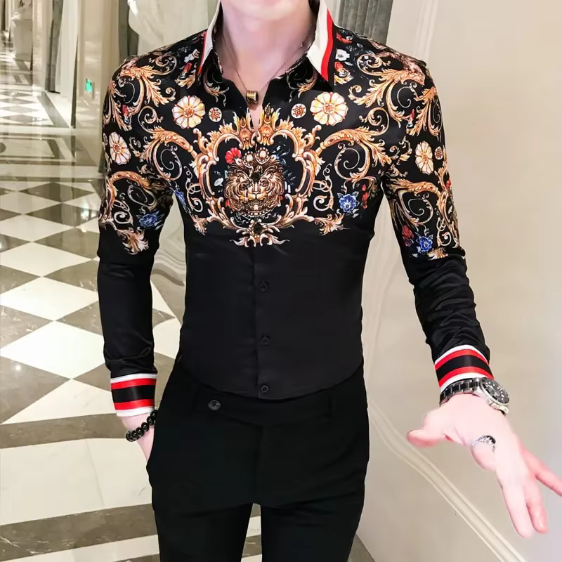 Chemise rétro à manches longues pour hommes, dorée, mode luxe, adaptée aux fêtes, haut à boutons imp