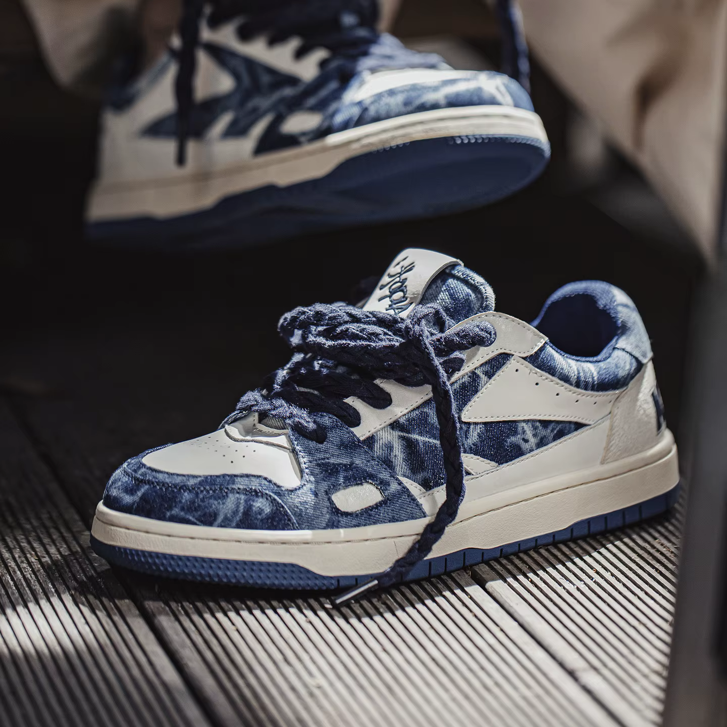 Baskets basses en toile denim Maden pour homme, style streetwear, rétro, avec semelle plate et amort