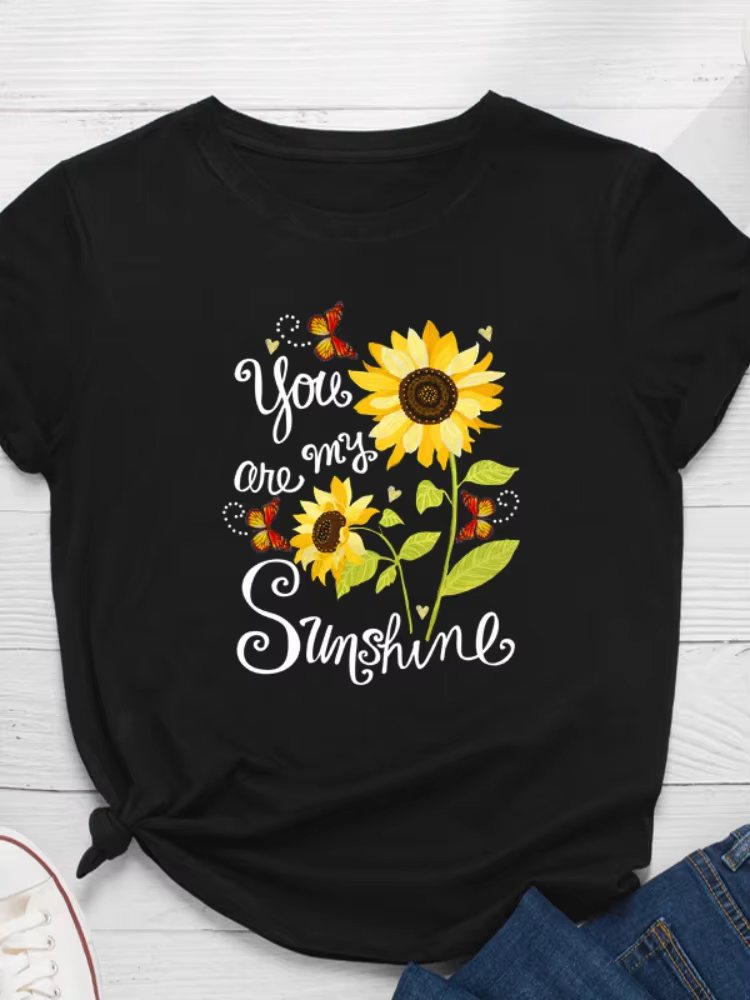 T-shirt manches courtes col rond femme, ample, You Are My Sunshine, imprimé tournesol