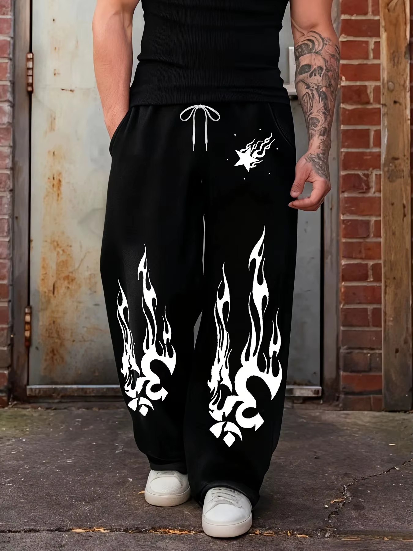 Pantalon de jogging noir large pour homme 2026, imprimé flamme et étoile dynamiques, contraste élevé