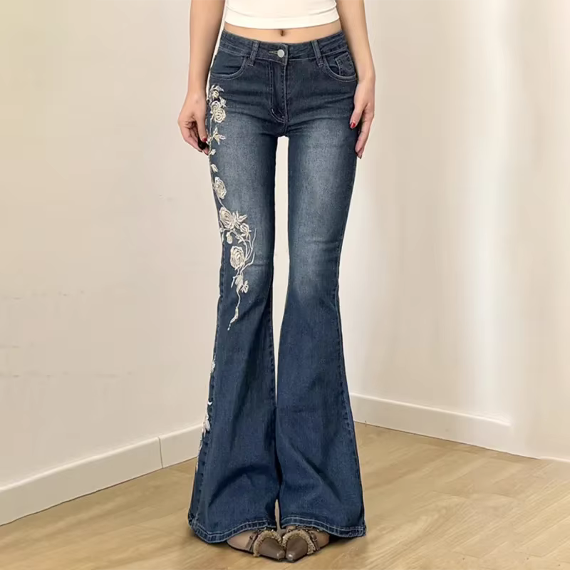 Jean Baggy rétro Y2k pour femmes, broderie florale, Vintage des années 2000, taille basse, pantalon 