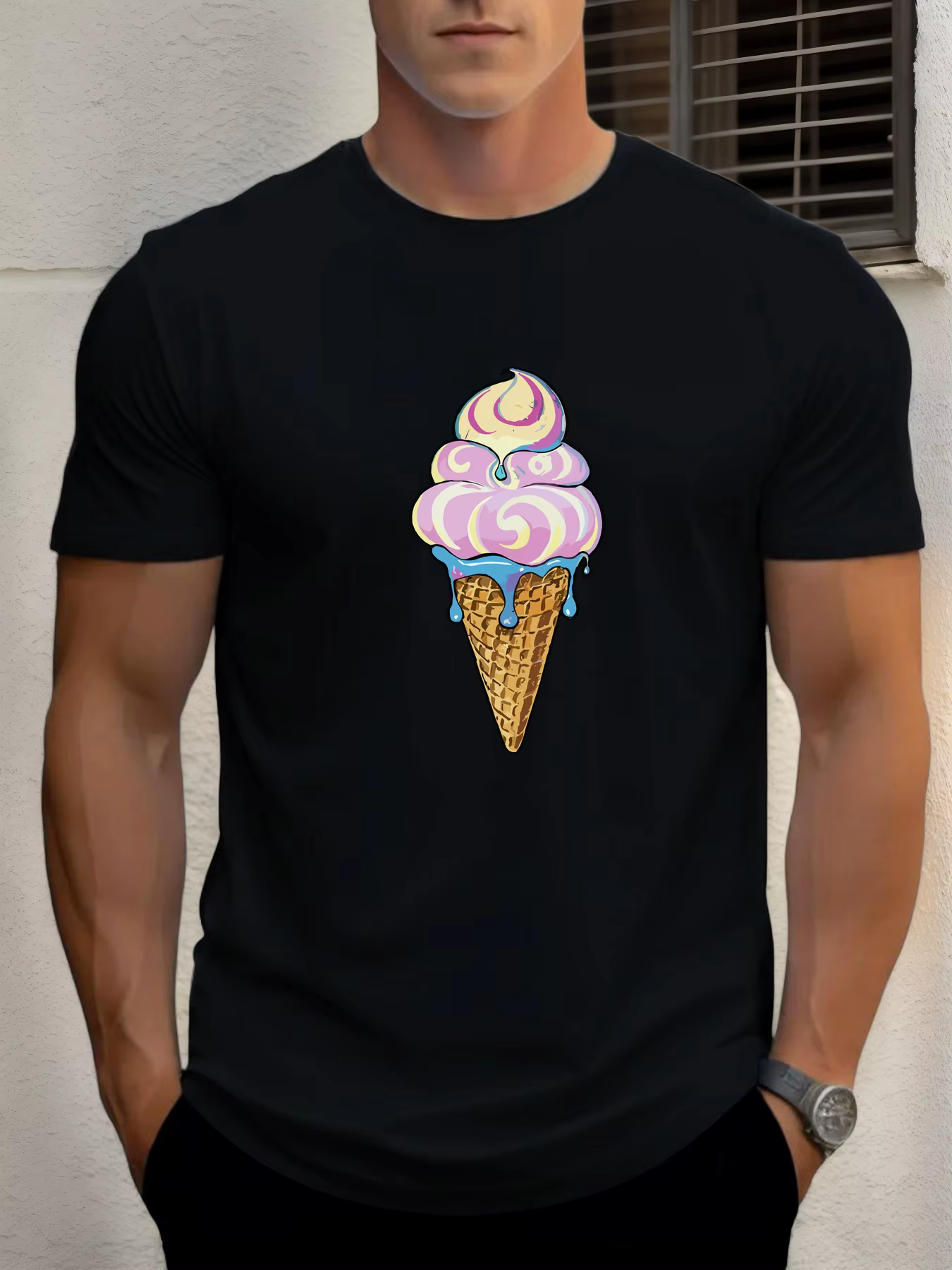 T-shirt pour hommes crème glacée 100 % coton impression graphique été t-shirt col rond décontracté r