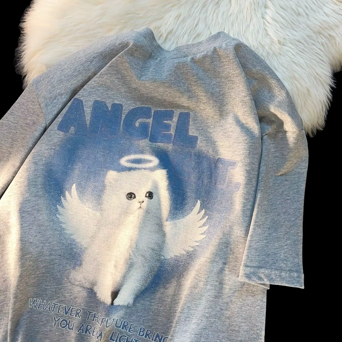 T-shirt imprimé chat ange mignon pour hommes et femmes pur coton mode d'été tendance décontracté con