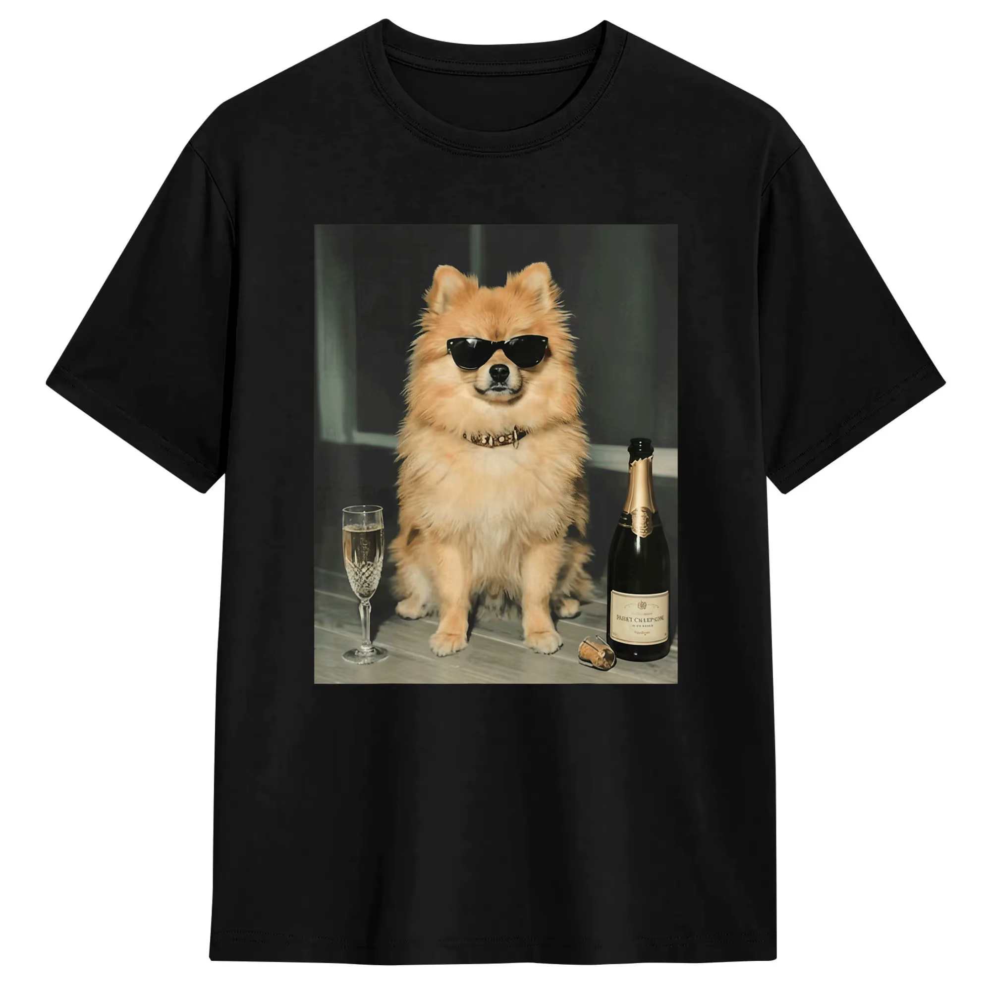 T-shirt streetwear en coton vintage à manches courtes, motif chien Pomeranian buvant du champagne, a