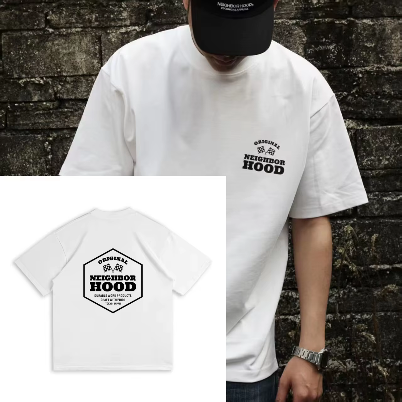 T-shirt graphique original Neighborhood pour hommes et femmes, style streetwear oversize, avec logo 