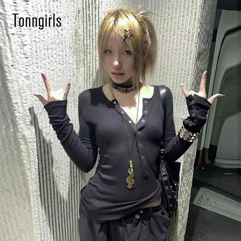 Tonngirls Y2k japonais t-shirt femmes dentelle à manches longues imprimé graphique hauts Streetwear 