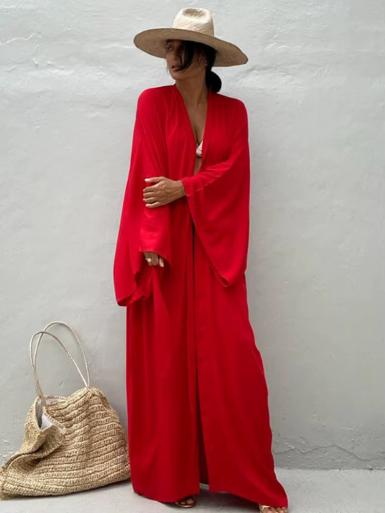 Solide plage couvrir femmes auto ceinturé Wrap Kimono Robe maillot de bain 2025 nouvelle Robe été ma