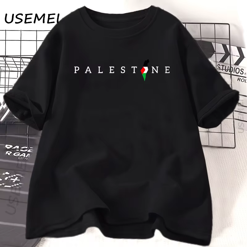 Drapeau palestinien imprimé t-shirt coton à manches courtes col rond t-shirts femme homme été ample 