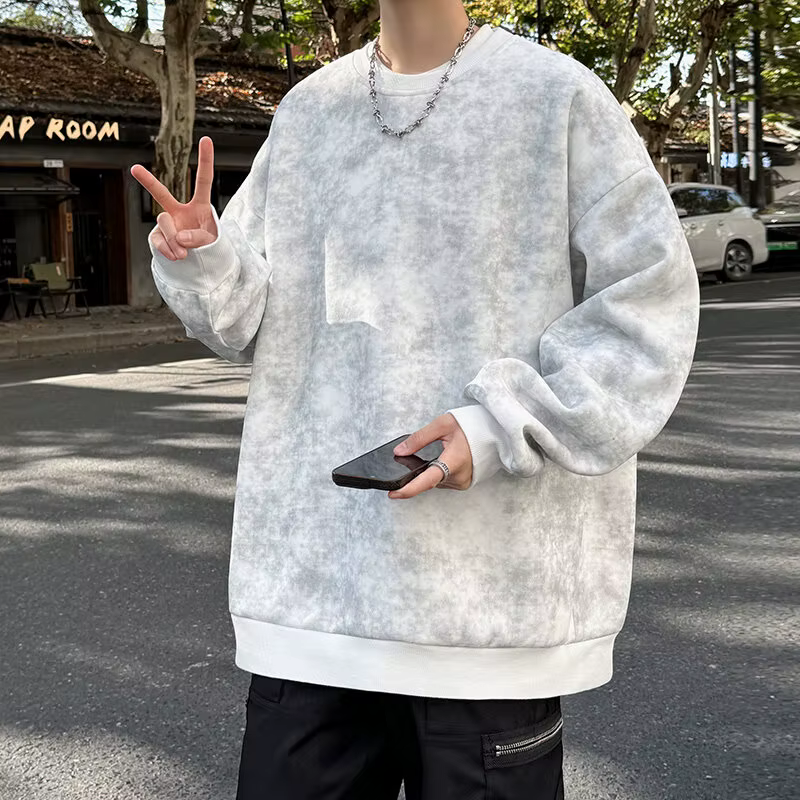 Sweat-shirt à capuche pour hommes, décontracté, à la mode, teinture par nouage, col rond, noir et bl
