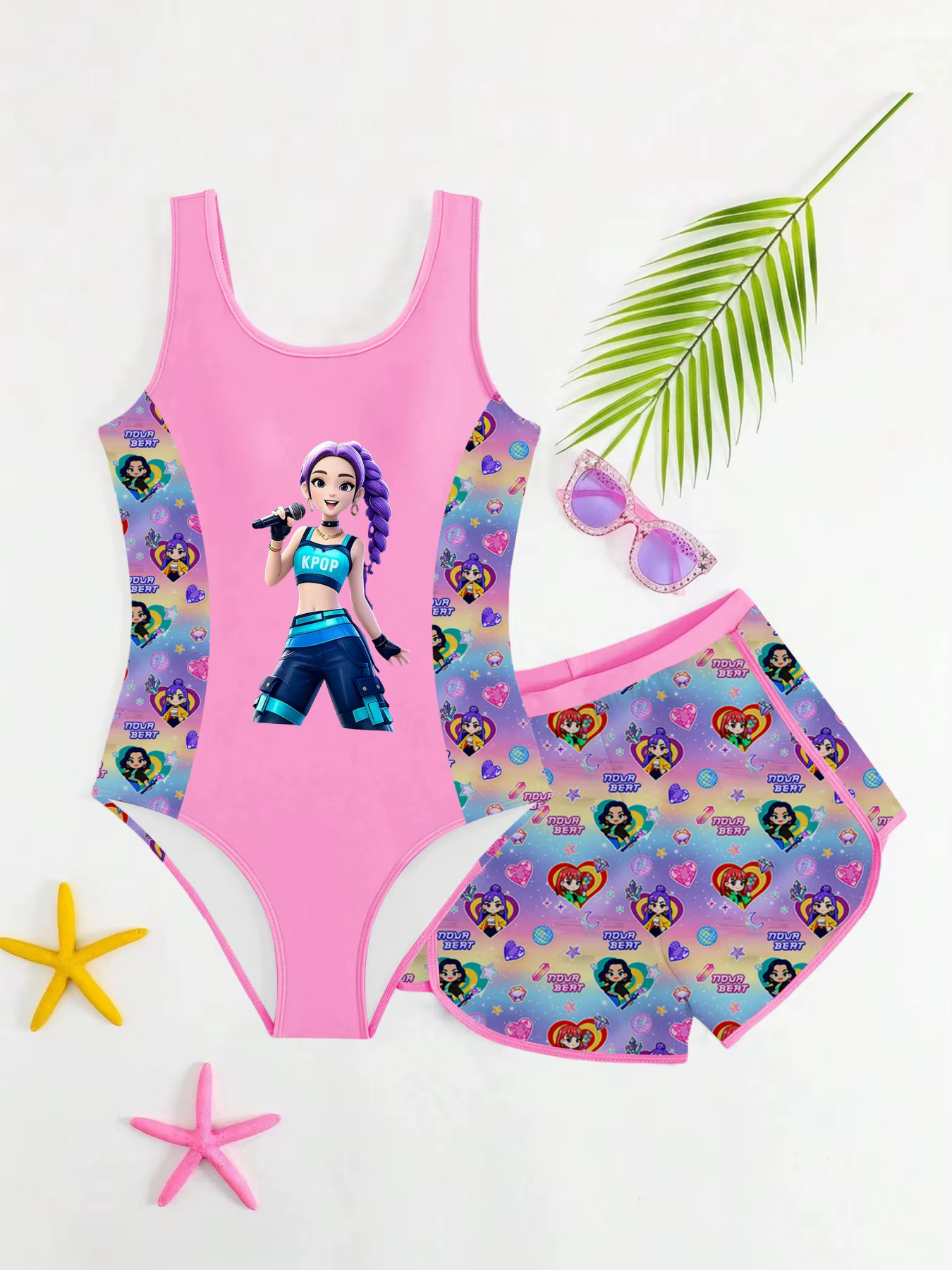 Maillot de bain 2 pièces pour filles, imprimé dessin animé chanteur K-POP, avec jupe de plage, vêtem