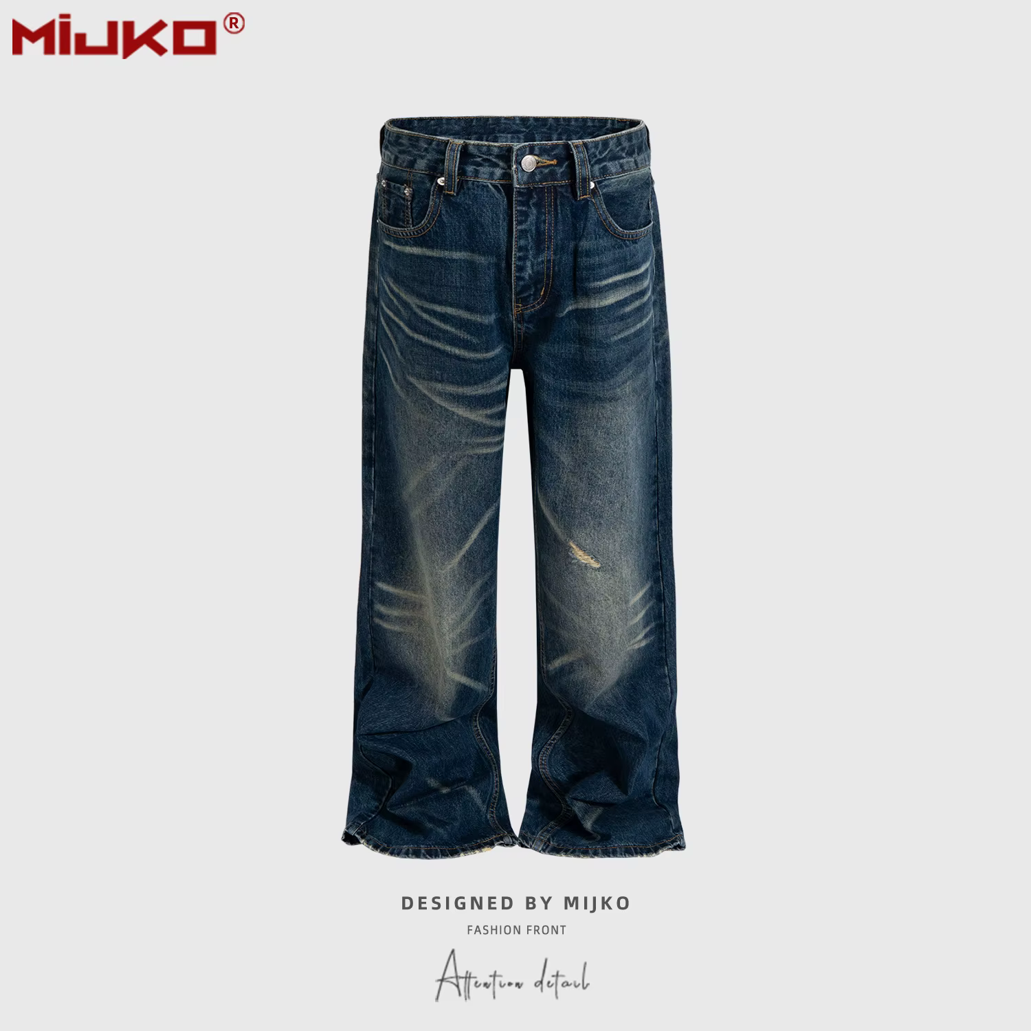 MIJKO Jeans Américains Rétro Effet Moustaches de Chat Unisexe Délavé et Vieilli Coupe Large Bleu Pan