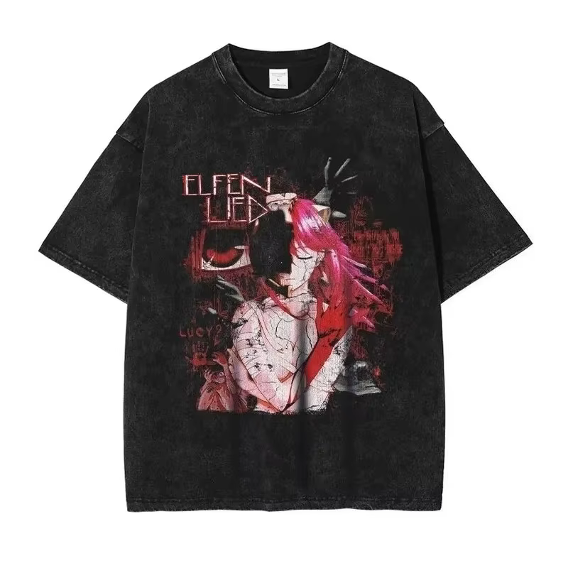 T-shirt graphique Elfen Lied Lucy en coton délavé style vintage, streetwear anime unisexe, coupe ove
