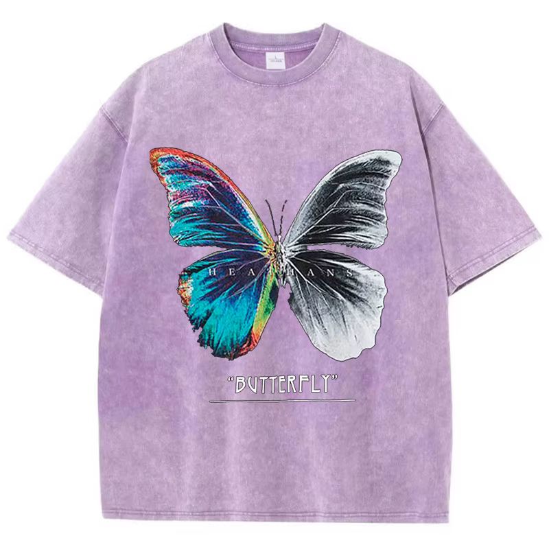 Économie en coton délavé pour femmes, t-shirts à col rond All Math At, demi-document papillon, impri