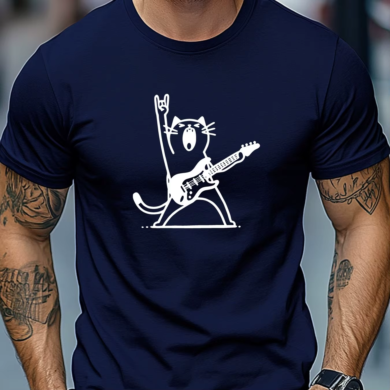 T-shirt pour homme Rock Cat Guitar Player, t-shirt graphique amusant sur le thème de la musique heav