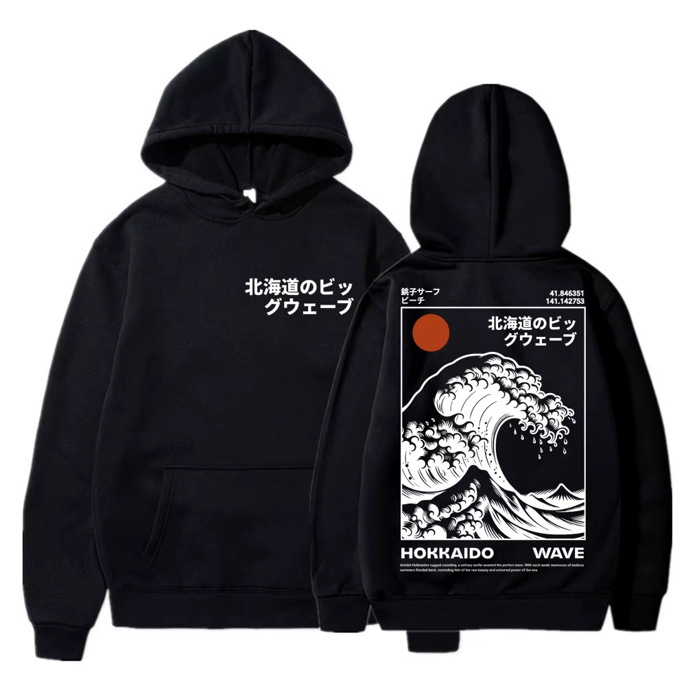 Sweat-shirt vintage style japonais Hokkaido Wave pour hommes et femmes, mode Harajuku, sweat-shirts 