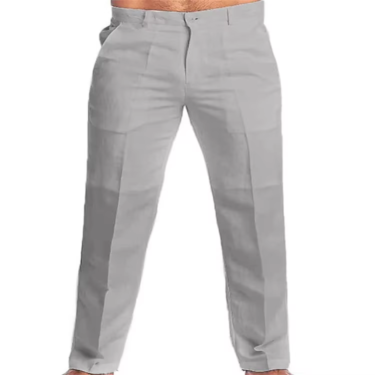 Pantalon droit en lin à poches inclinées pour homme, vêtement confortable et respirant, couleur unie