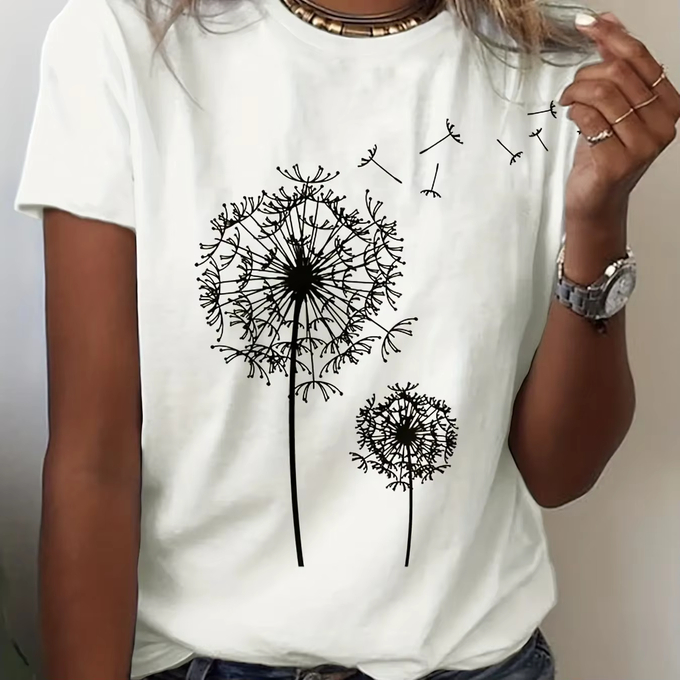 T-Shirt à col rond imprimé pissenlit, haut décontracté à manches courtes pour le printemps et l'été,