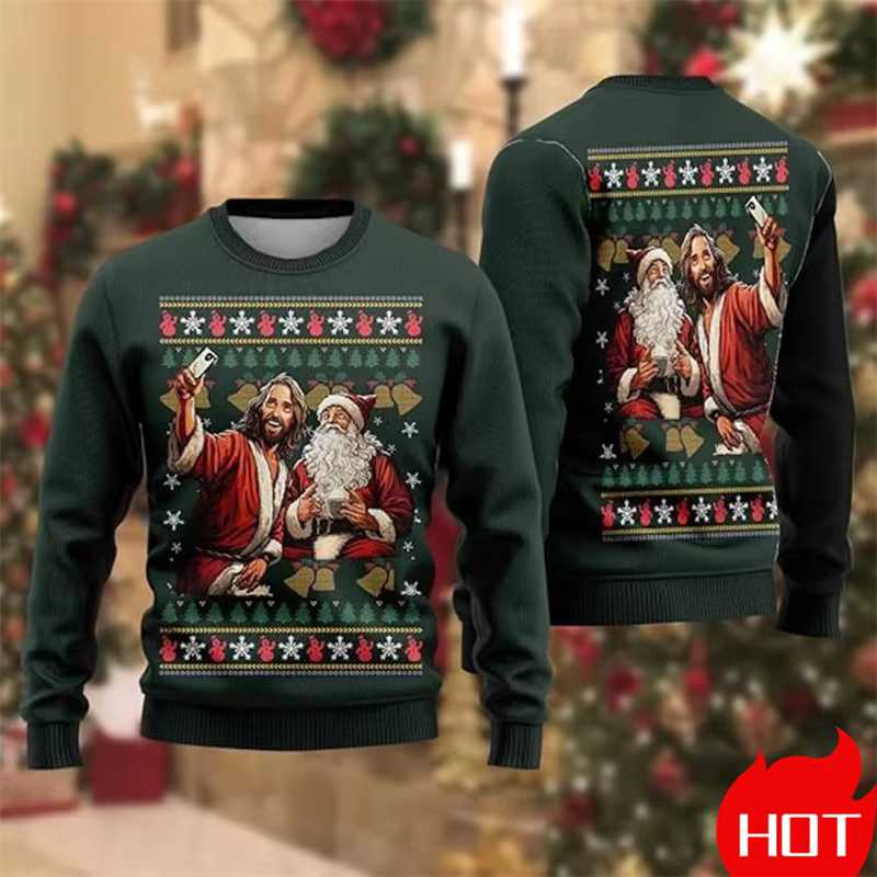 Sweat-shirt de noël laid imprimé en 3D, mode d'automne, motif père noël et jésus, pour hommes et fem