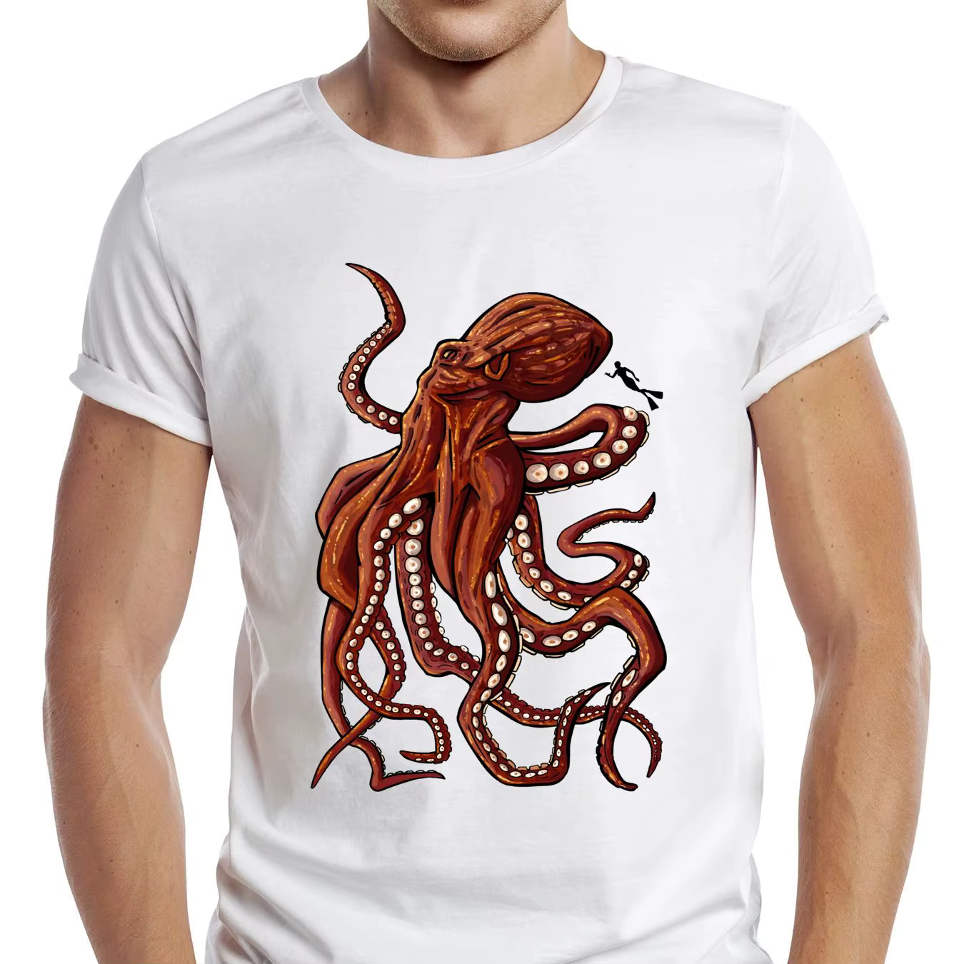 TEEHUB-T-shirt vintage imprimé de pieuvre pour homme, graphique marron, poisson de mer grill, décont