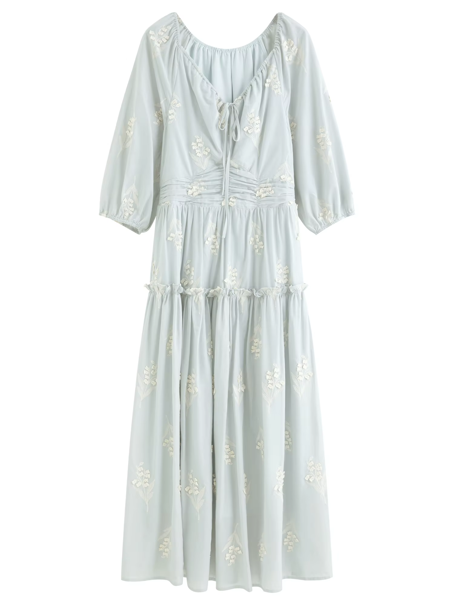 Robe florale brodée texturée éthérée pour femme FSLE 2026 - Longueur midi inspirée du muguet pour le