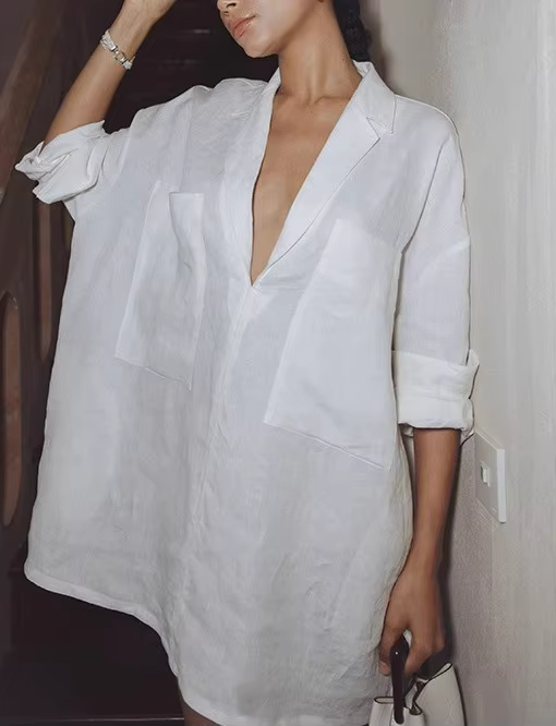 Robe chemise ample en lin lavable, tendance, avec protection solaire