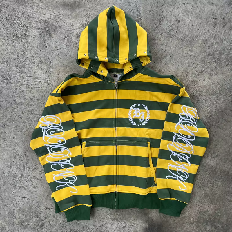 Sweat-shirt à capuche zippé rayé jaune et vert pour homme, style streetwear américain rétro, style s