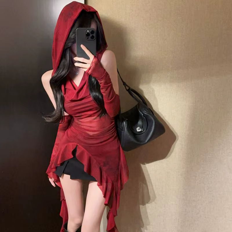 Haut transparent en maille rouge, Streetwear, T-shirt à capuche, manches longues à volants irrégulie