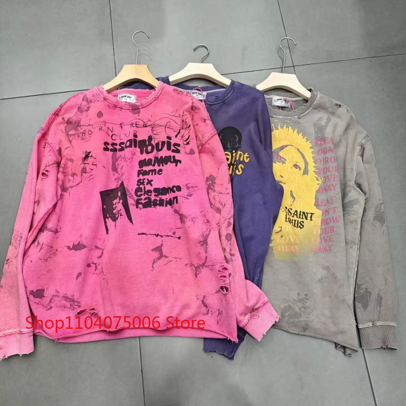 Saint col rond sweat Vintage imprimé trous en détresse lavé délavé unisexe surdimensionné vêtements 