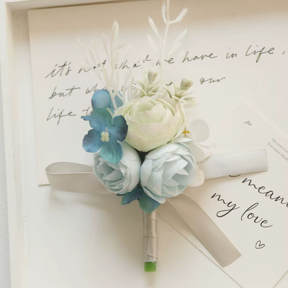Fleurs artificielles de marié bleu, boutonnière en soie, Corsage de demoiselle d'honneur, costumes d