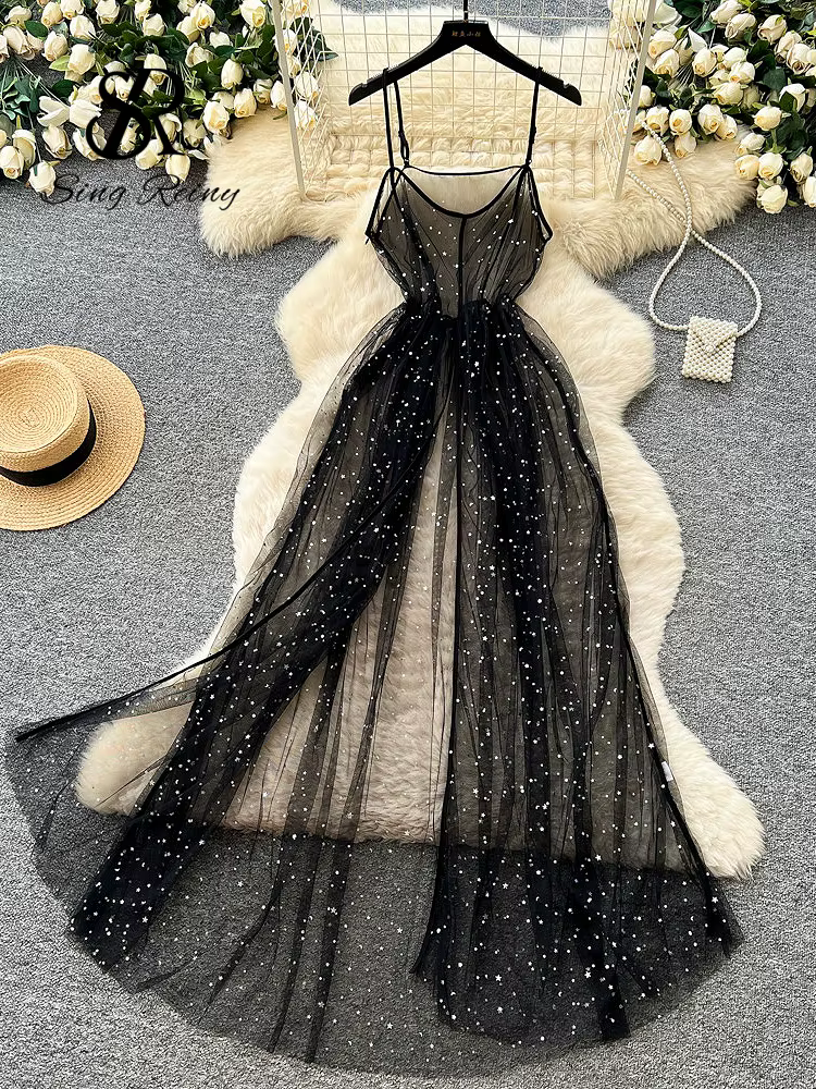 Robe longue SINGREINY style streetwear à sequins pour femme, avec bretelles, fendue, brillante, styl