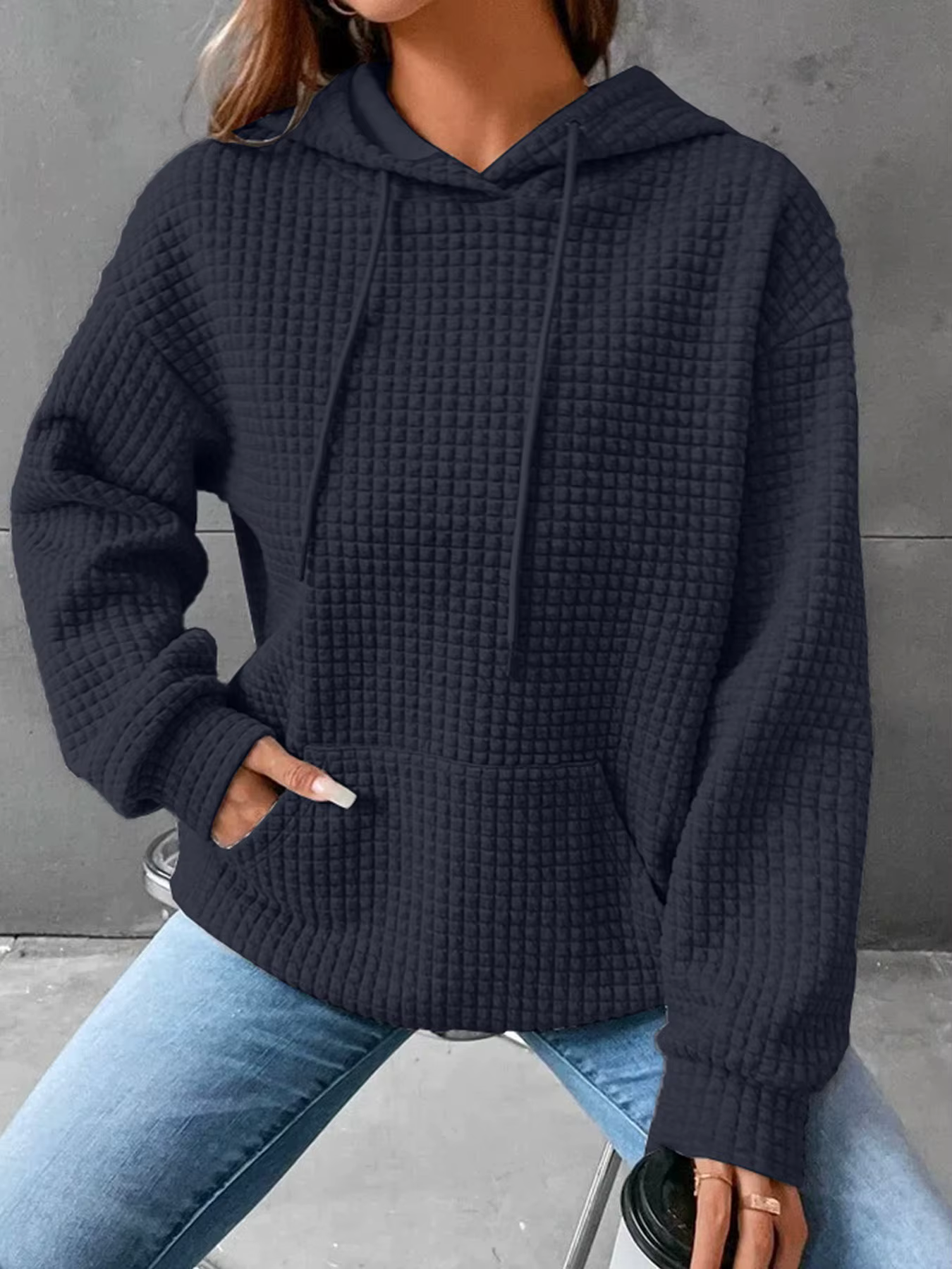 Sweat-shirt à capuche pour femmes, style gaufré, mode, beau, couleur unie, cordon de serrage, ample,