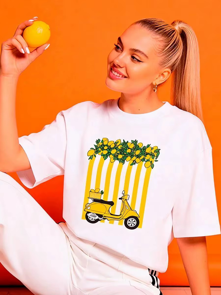 T-shirt graphique Lemon Scooter, coupe oversize, décontracté, imprimé vintage, col rond, manches cou