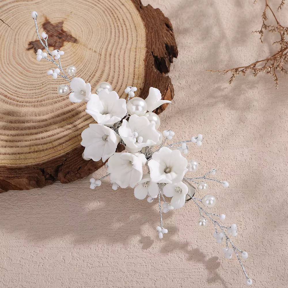 Accessoires de cheveux de mariage en céramique faits à la main, pince à cheveux latérale argentée po
