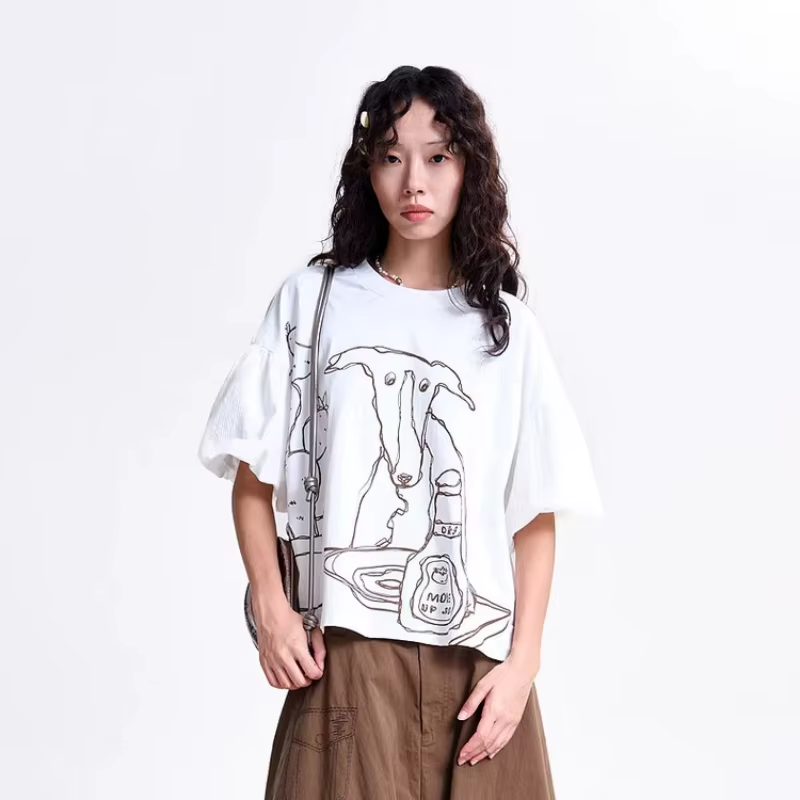 MOVEUP Nouvelle Collection Printemps 2026 T-shirt à Manches Courtes Col Rond Imprimé Dessin Animé Ma