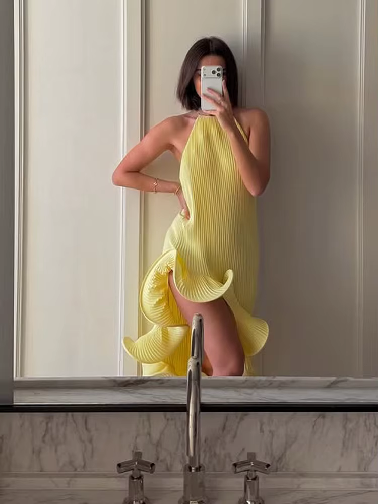 Robe Midi Élégante pour Femme, Col Halter, Volants, Plissée avec Fentes, pour Soirée d'Été, Invitée 