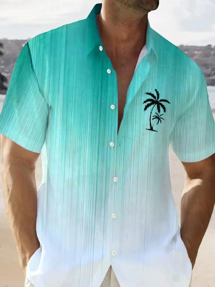 Chemise Hawaïenne Homme Imprimée 3D Dégradé de Couleurs Palmiers, Boutonnée à Manches Courtes, Idéal
